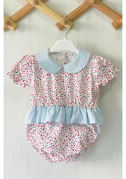 Fırfırlı Bebe Yaka Renkli Puantiyeli Kız Çocuk Bebek Tulum ve Bandana Takımı