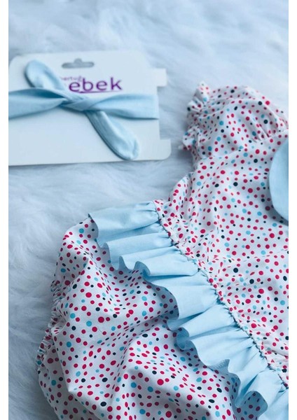Fırfırlı Bebe Yaka Renkli Puantiyeli Kız Çocuk Bebek Tulum ve Bandana Takımı