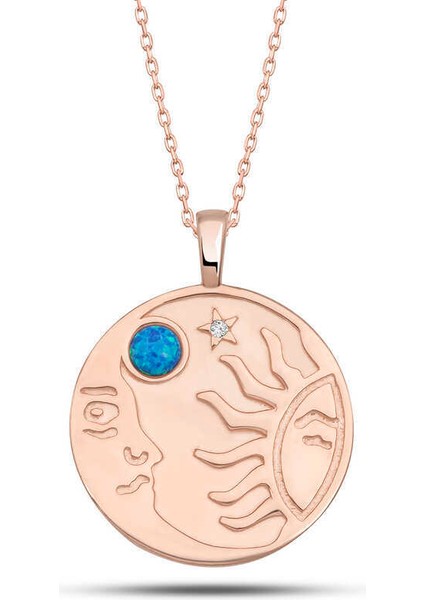 Gümüş Rose Opal Mavi Taşlı Ay Güneş Kadın Kolye