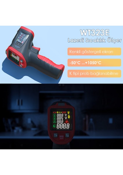 WT323E Rutubet Küf Analiz Özellikli Lazer Termometre 1050°C