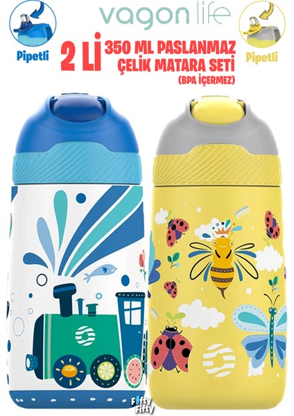2'li Set 350 ml Çocuk Pipetli Çelik Matara 2055 350 ml