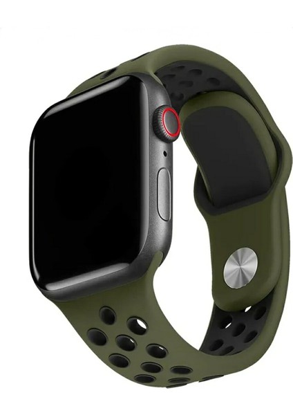 Apple Watch Delikli Spor Silikon Kordon (38MM / 40MM / 41 mm /se Uyumlu) Asker Yeşil Siyah