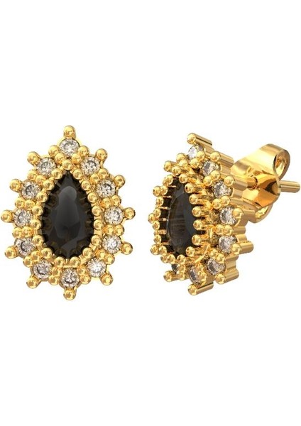 Oniks Taşlı Gold Damla Anturaj Minimal Çivili Gümüş Küpe