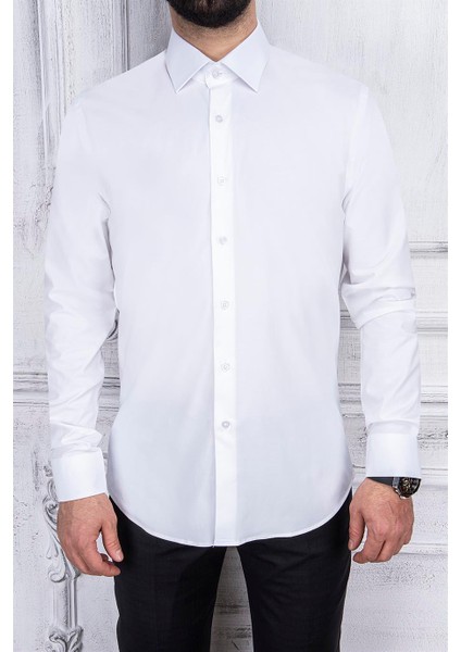 Erkek Slim Fit Uzun Kol 6 Drop Beyaz Gömlek