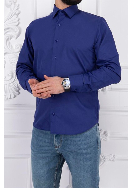 Erkek Slim Fit Dar Yaka Uzun Kol 6 Drop Koyu Parlement Gömlek