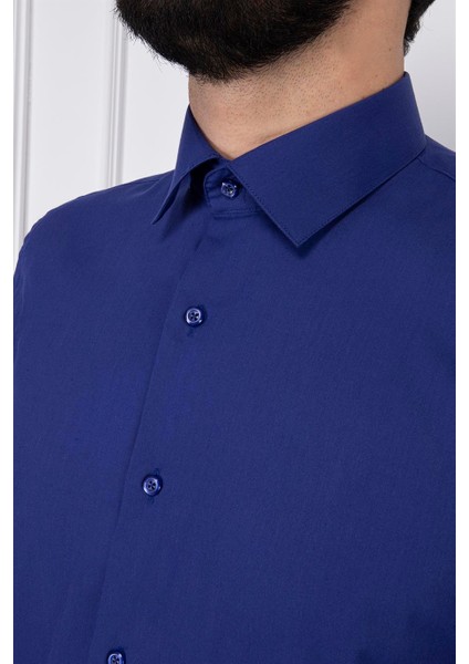 Erkek Slim Fit Dar Yaka Uzun Kol 6 Drop Koyu Parlement Gömlek