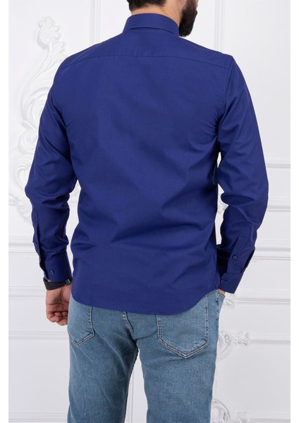 Erkek Slim Fit Dar Yaka Uzun Kol 6 Drop Koyu Parlement Gömlek