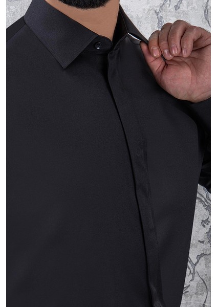 Erkek Slim Fit Uzun Kol Duble Manşet 6 Drop Siyah Gömlek