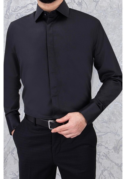 Erkek Slim Fit Uzun Kol Duble Manşet 6 Drop Siyah Gömlek
