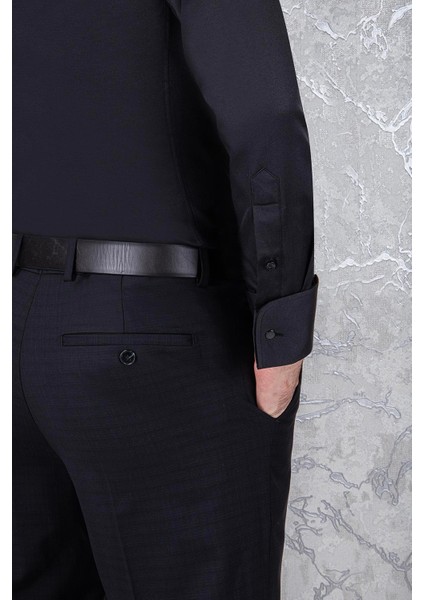 Erkek Slim Fit Uzun Kol Duble Manşet 6 Drop Siyah Gömlek