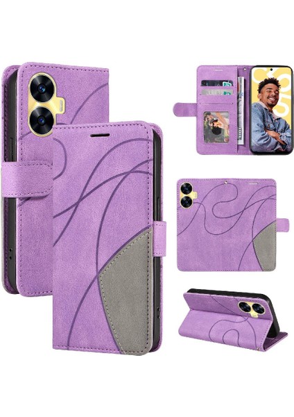 Realme C55 4g Iki Renkli Dikiş Kickstand Koruyucu Pu Deri (Yurt Dışından)