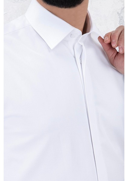 Erkek Slim Fit Uzun Kol Duble Manşet 6 Drop Beyaz Gömlek