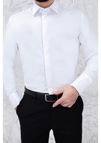 Erkek Slim Fit Uzun Kol Duble Manşet 6 Drop Beyaz Gömlek