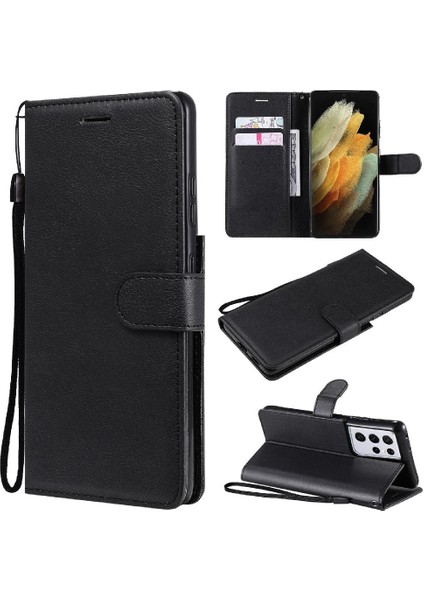Kart Yuvası Klasik Düz Renk ile Samsung Galaxy S21 Ultra Için Flip Case (Yurt Dışından)