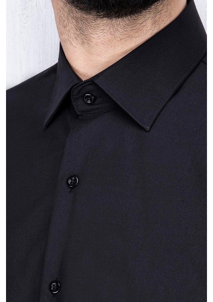 Erkek Slim Fit Uzun Kol 6 Drop Siyah Gömlek