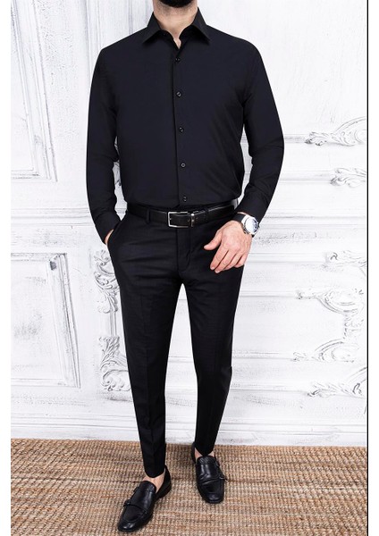 Erkek Slim Fit Uzun Kol 6 Drop Siyah Gömlek