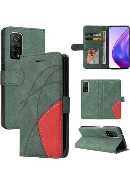 Xiaomi 10T/10T Pro Iki Renkli Dikiş Pu Deri Flip Folio Kılıf (Yurt Dışından)