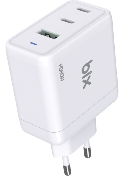 BX3P65G Gan 65W USB Qc 4.0 ve 2*type-C Pd 3.0 Üç Portlu Akım Korumalı Hızlı Şarj Cihazı Beyaz BX-3P65G