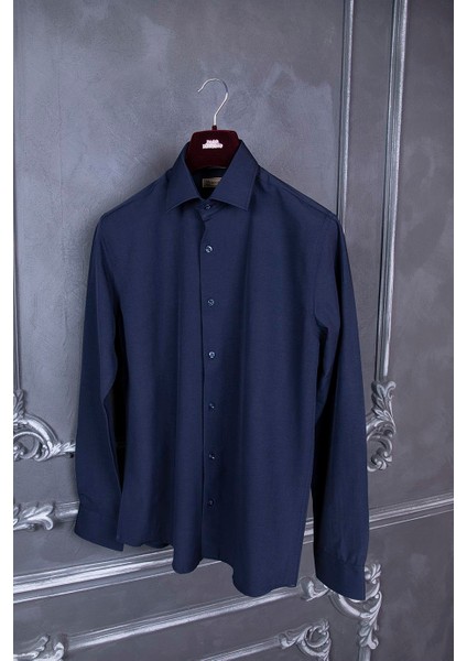 Erkek Slim Fit Uzun Kol 6 Drop Lacivert Gömlek
