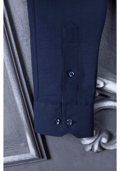 Erkek Slim Fit Uzun Kol 6 Drop Lacivert Gömlek