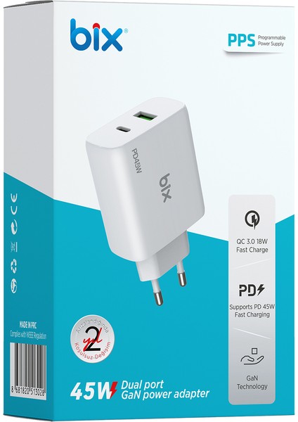 BX2P45G Gan Pd 45W Type-C ve Usb-A Qc Pps Çift Portlu Akım Korumalı Hızlı Şarj Cihazı Beyaz iPhone Samsung Laptop Tablet Akıllı Saat ve Daha Fazlasıyla Uyumlu