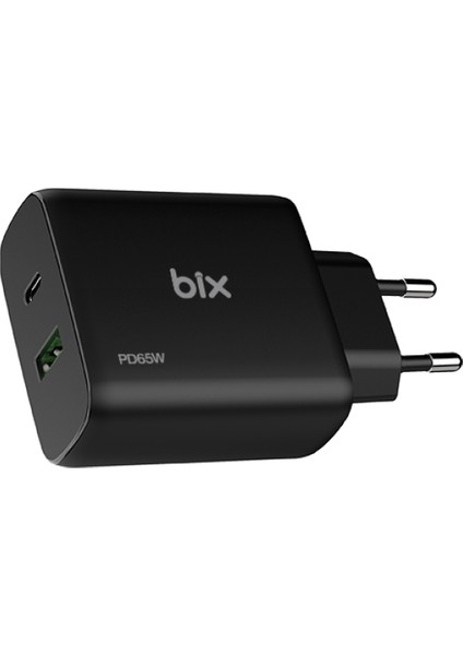 BX2P65G Gan Pd 65W Type-C ve Usb-A Qc Çift Portlu Akım Korumalı Hızlı Şarj Cihazı Siyah