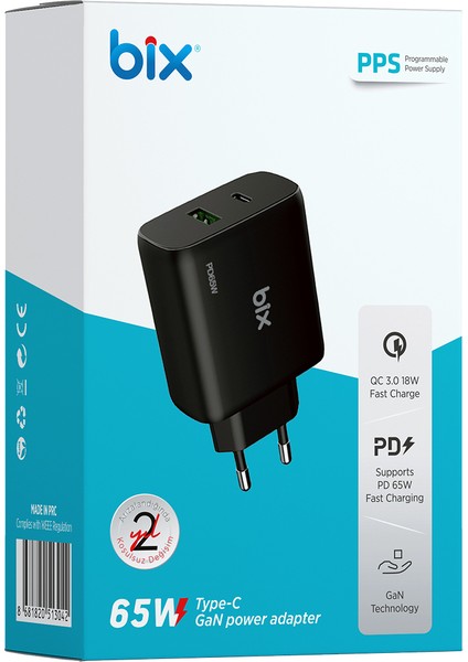 BX2P65G Gan Pd 65W Type-C ve Usb-A Qc Çift Portlu Akım Korumalı Hızlı Şarj Cihazı Siyah