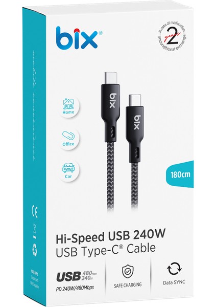 BXCC240 Type-C to Type-C 240W 480Mbps Veri Aktarım Destekli USB-IF Sertifikalı Hi-Speed Örgülü Şarj ve Data Kablosu 1.8 Metre Macbook iPad Samsung Uyumlu