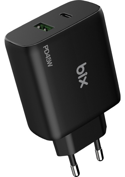 BX2P45G Gan Pd 45W Type-C ve Usb-A Qc Pps Çift Portlu Akım Korumalı Hızlı Şarj Cihazı Siyah iPhone Samsung Laptop Tablet Akıllı Saat ve Daha Fazlasıyla Uyumlu