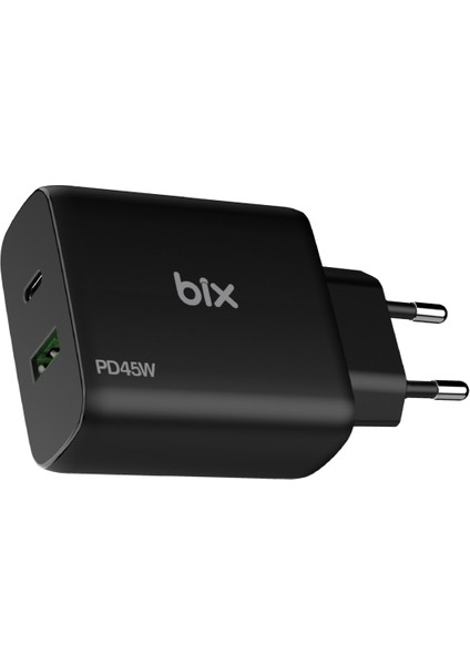 BX2P45G Gan Pd 45W Type-C ve Usb-A Qc Pps Çift Portlu Akım Korumalı Hızlı Şarj Cihazı Siyah iPhone Samsung Laptop Tablet Akıllı Saat ve Daha Fazlasıyla Uyumlu