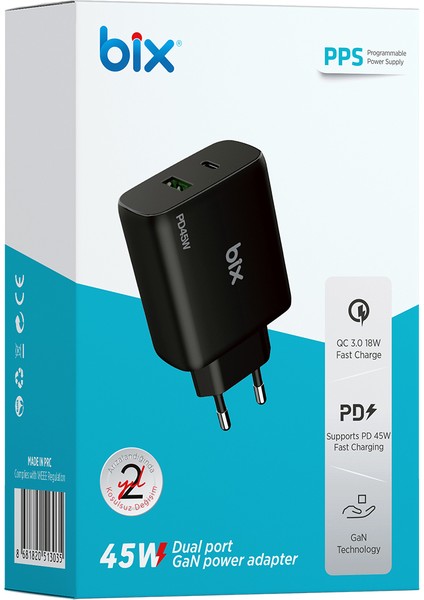 BX2P45G Gan Pd 45W Type-C ve Usb-A Qc Pps Çift Portlu Akım Korumalı Hızlı Şarj Cihazı Siyah iPhone Samsung Laptop Tablet Akıllı Saat ve Daha Fazlasıyla Uyumlu