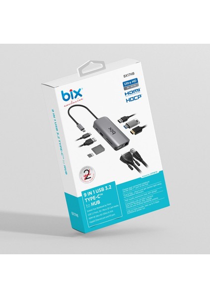 BX17HB 9in1 Type-C Hub 4K@30Hz HDCP HDMI, 3x USB, RJ45, PD Şarj Macbook Uyumlu Çoklayıcı Adaptör