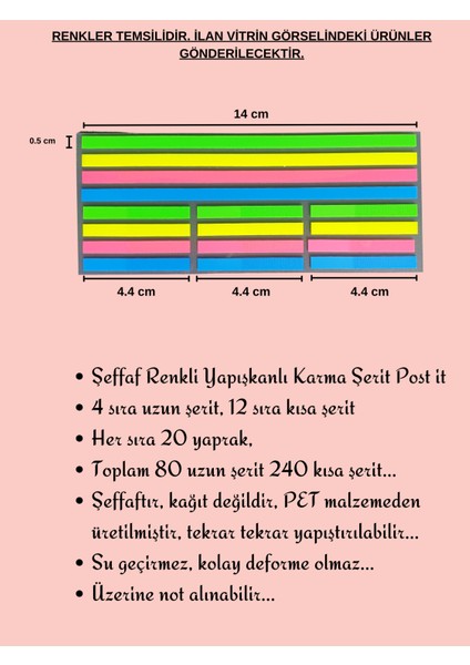 Şeffaf Renkli Postit Yapışkan Post-It Not Kağıdı Karma Şerit 3