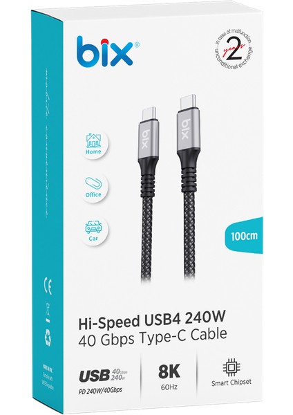 BXCC242 USB4 Thunderbolt 3/4 Uyumlu USB-C IF Sertifikalı 240W 40Gbps 8K 60Hz UHD Hızlı Şarj, Data ve Görüntü Aktarım Kablosu 1 Metre