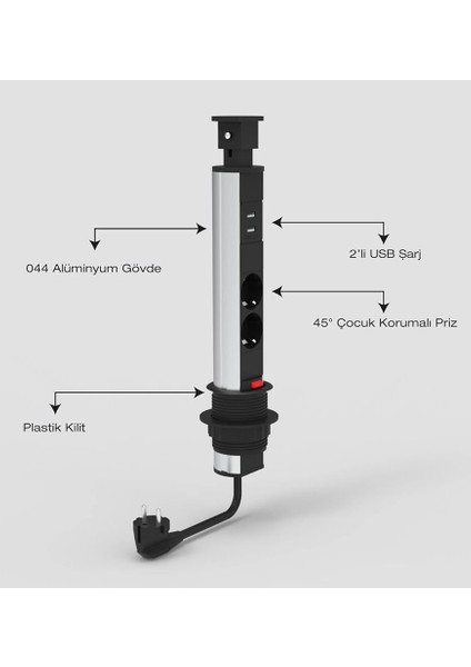 Bas Aç Tezgah Masa Gizli Priz 2 Usb 2 220V Pop Up