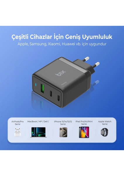 BX-3P65G 3 Port Gan Teknoloji 65W Laptop/macbook/ipad/android Uyumlu Qc 4.0 Hızlı Şarj Adaptörü