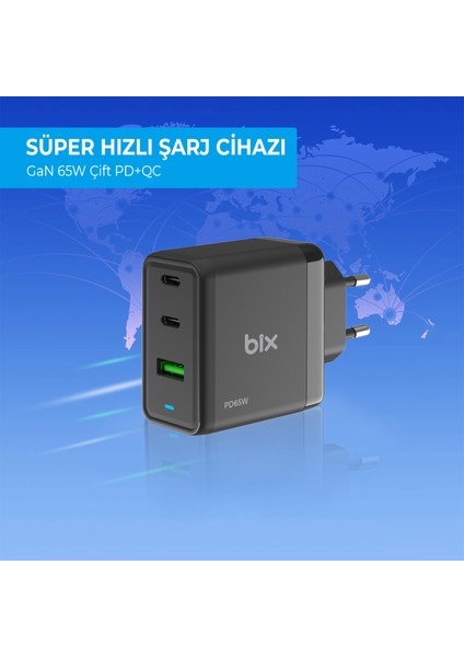 BX-3P65G 3 Port Gan Teknoloji 65W Laptop/macbook/ipad/android Uyumlu Qc 4.0 Hızlı Şarj Adaptörü