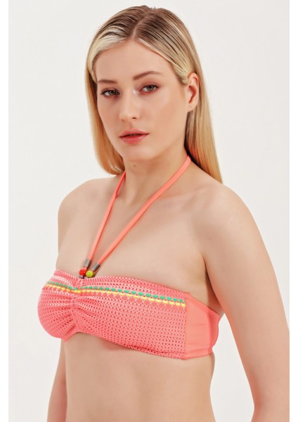 Global Cam Boncuk Detaylı Straplez Bikini Üst