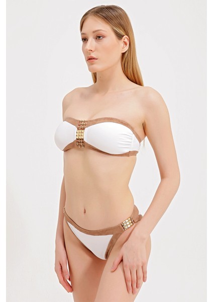 Gold Aksesuarlı Straplez Bikini