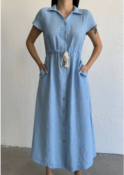 Butikserdivan Kadın Elbise Mavi Düğmeli Elbise Trend modelleri