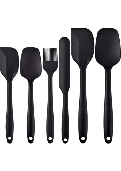 Tilbe Home 6'lı Silikon Fırça Spatula Servis Takımı Yanmaz Yapışmaz Siyah Renkli Set Yağ Fırçası + Büyük Kaşık + Küçük Kaşık + Büyük Spatula + Küçük Spatula + Kavanoz Spatula Premium Silikon Mutfak Seti