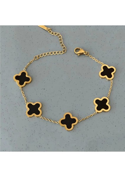 Çelik Gold Siyah Yonca Bileklik