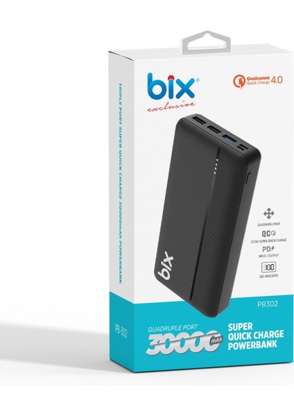 PB302 Dört Portlu PD + 3x USB 22.5W QC Şarj Destekli 30000 mAh Powerbank