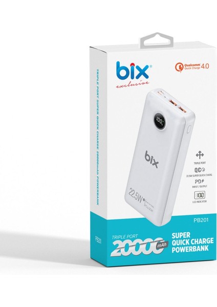 PB201 Üç Portlu 20000MAH 22.5W Süper Hızlı Şarj 4.0 Pd Giriş/çıkışlı LED Göstergeli Powerbank Beyaz