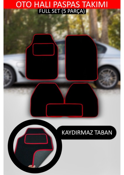 Her Araca Uyumlu Siyah Renk Topuk Destekli Kaydırmaz Tabanlı Üstü Yumoş Kumaş Oto Halıpaspas, Kenar Rengi Kırmızı
