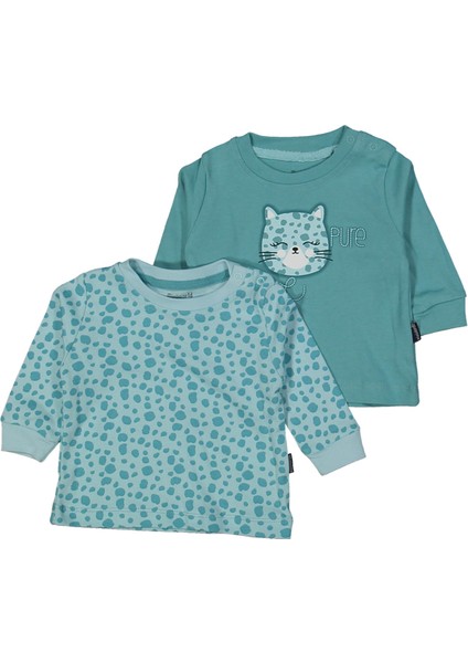 Kız Bebek Yeşil Kedi Baskılı Leopar Desenli 2'li Body Set