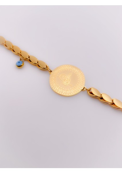 Çelik Bileklik Tuğra Uçlu Nazar Boncuklu Arpa Bileklik
