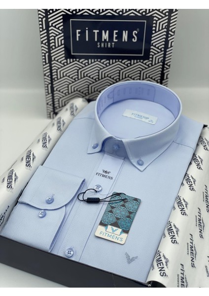 Klasik Uzun Kol Yaka Düğmeli Oxford Hediye Kutulu Erkek Gömlek - Açık Mavi fiyatları