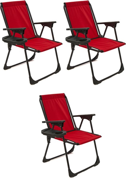 3 Adet Kamp Sandalyesi Katlanır Piknik Sandalye Oval Bardaklıklı Kırmızı