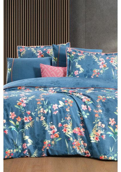 Leticia Mavi King Size (Battal Boy) %100 Pamuk Saten "300 Tc" Nevresim Takımı